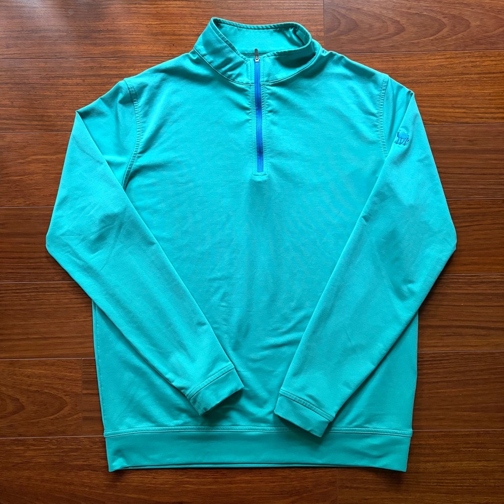 Peter Millar Mens Quarter Zip Pullover Size Medium Teal Green Camel Logo Golf